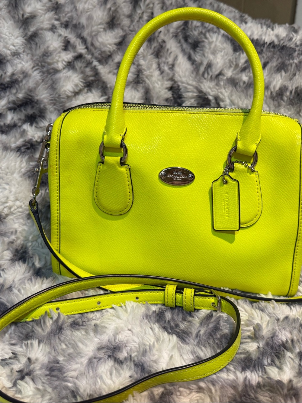 Coach Neon Yellow Pebbled Leather - Mini Bennett- Satchel with Dual Handles - Picture 3 of 6